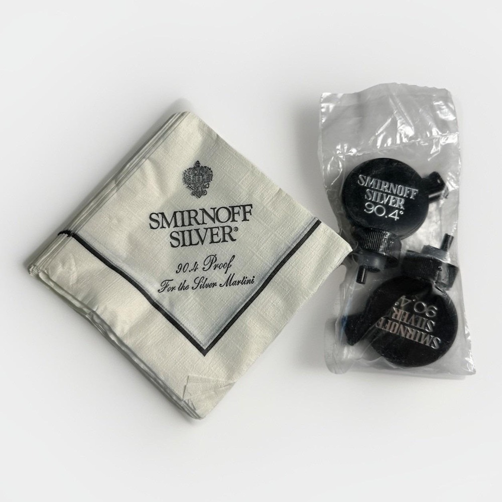 Vintage‎ 1974 - Smirnoff Silver 90.4 Proof - 2 Bottle Topper/Spouts & 32 Napkins